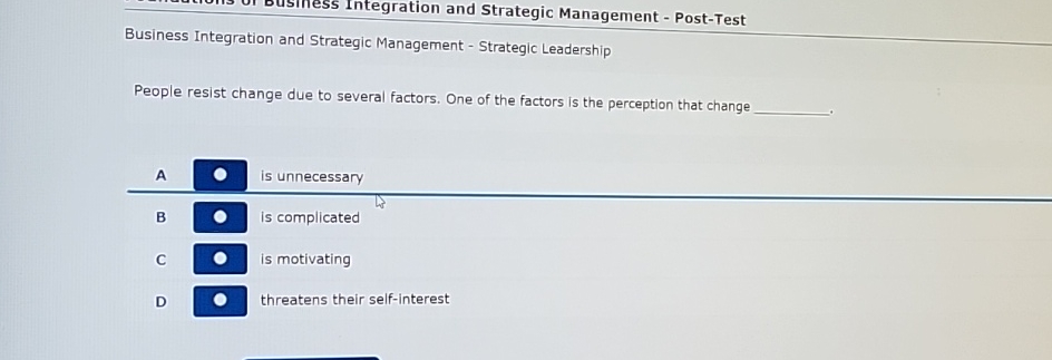  Integration and Strategic Management - Post-Test Business Integration and Strategic Management