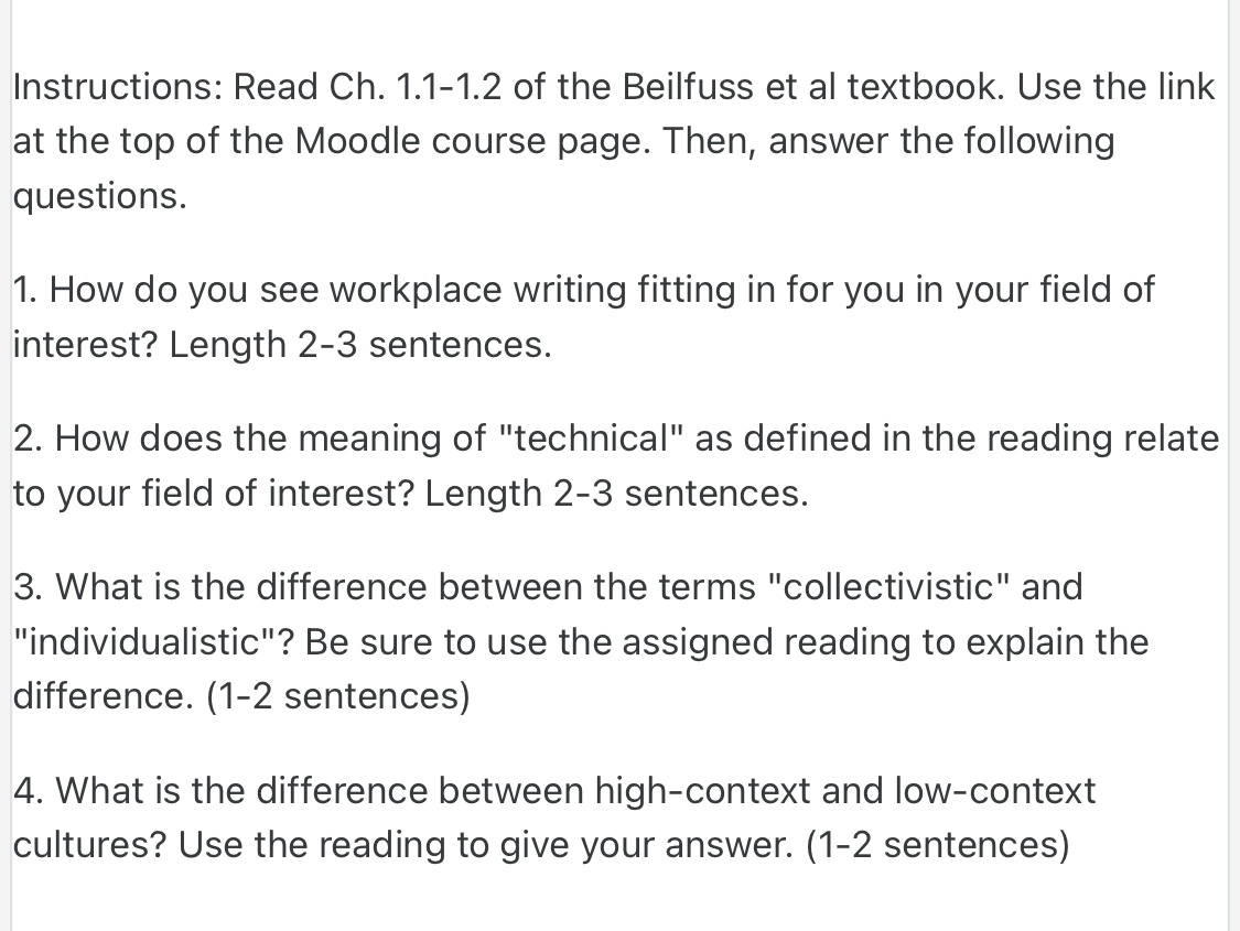  Instructions: Read Ch.1.1-1.2 of the Beilfuss et al textbook. Use the