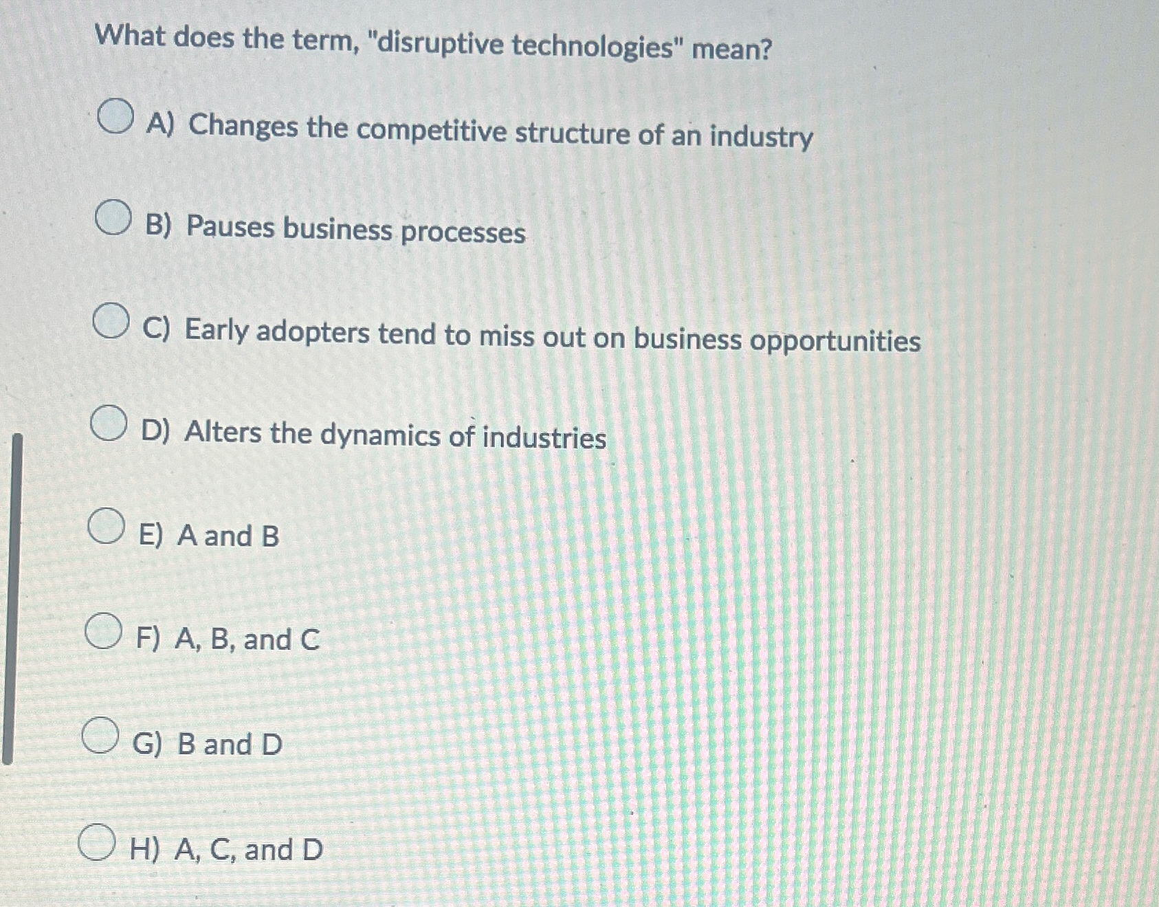  What does the term, "disruptive technologies" mean? A) Changes the competitive