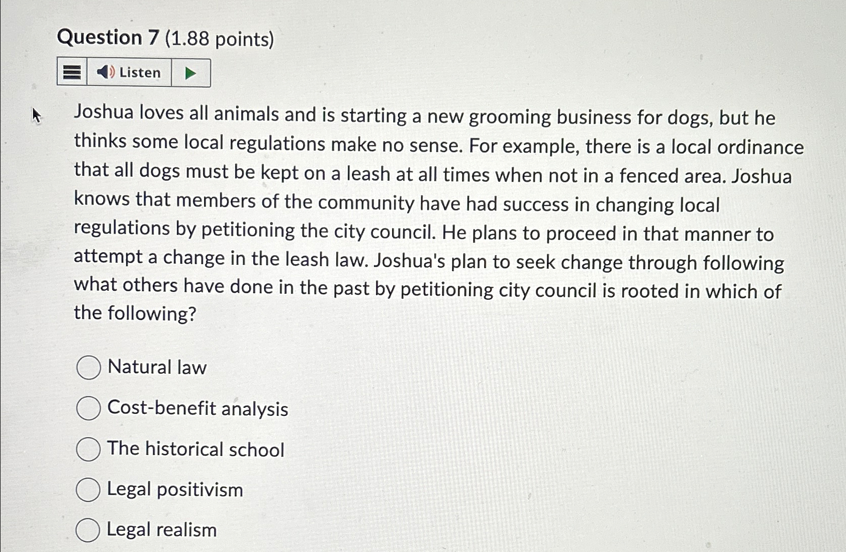  Question 7(1.88 points) Joshua loves all animals and is starting a