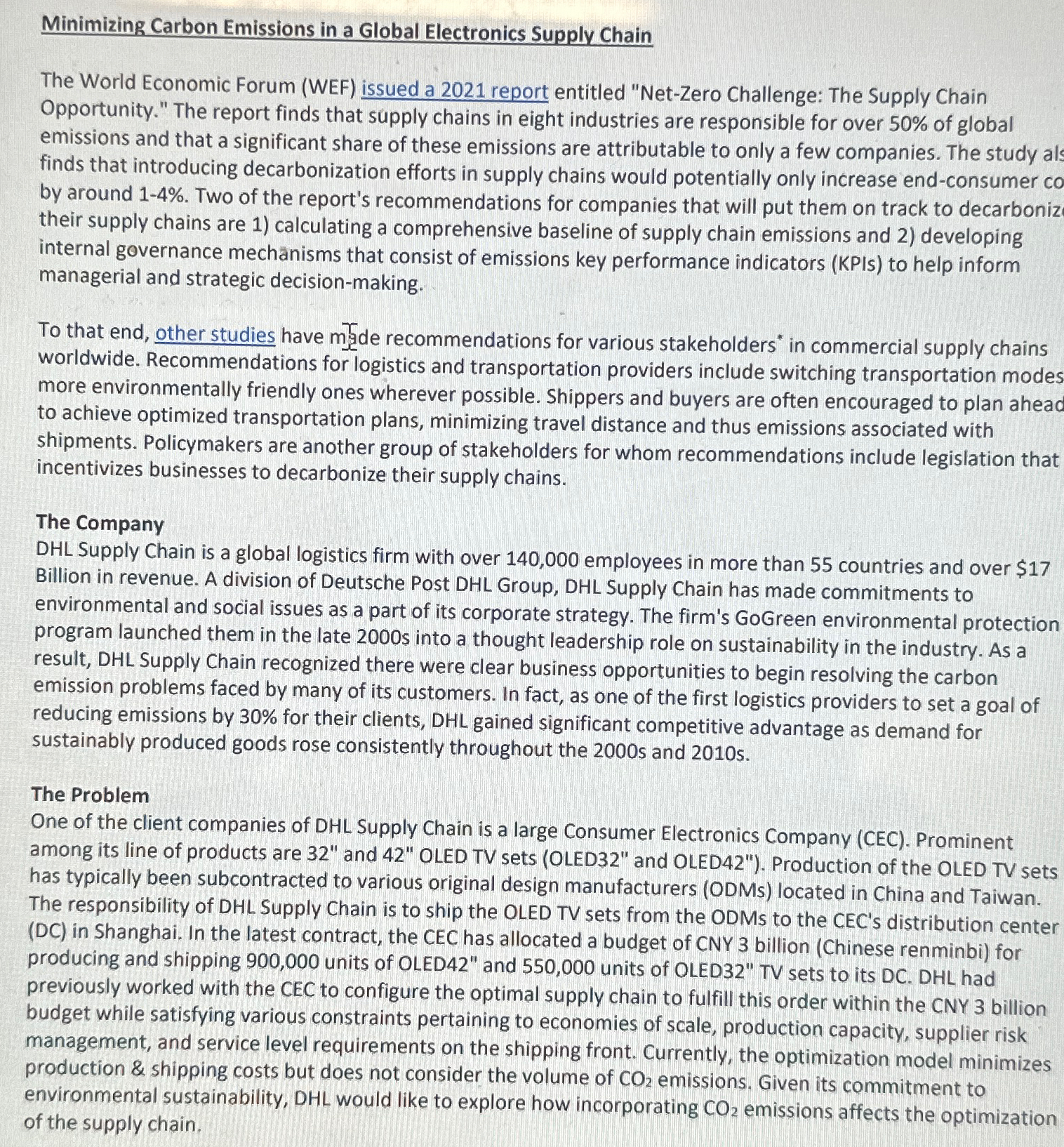  Minimizing Carbon Emissions in a Global Electronics Supply Chain The World