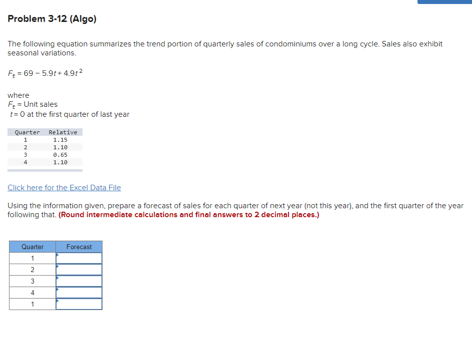  Problem 3-12(Algo) The following equation summarizes the trend portion of quarterly