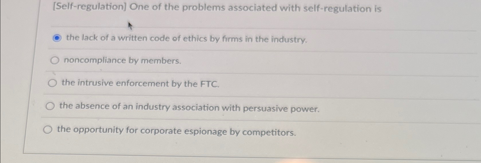  [Self-regulation] One of the problems associated with self-regulation is the lack