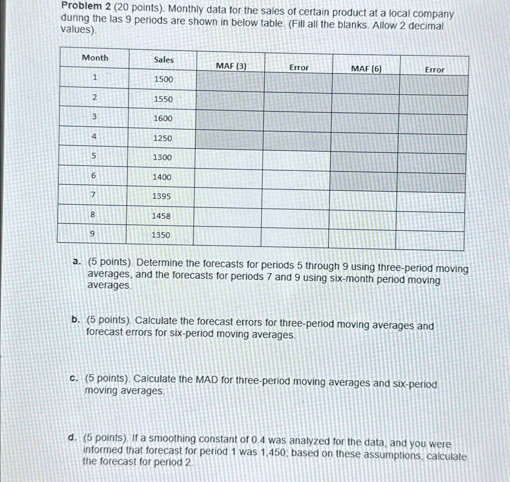  Problem 2(20 points). Monthly data for the sales of certain product