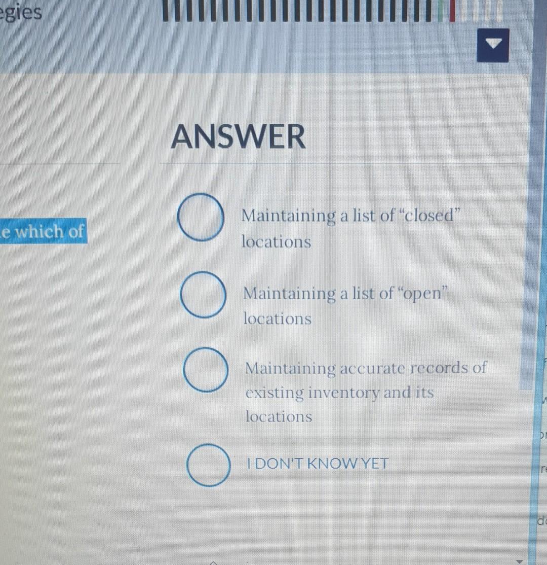  Random stocking does not include which of the following? ANSWER Maintaining