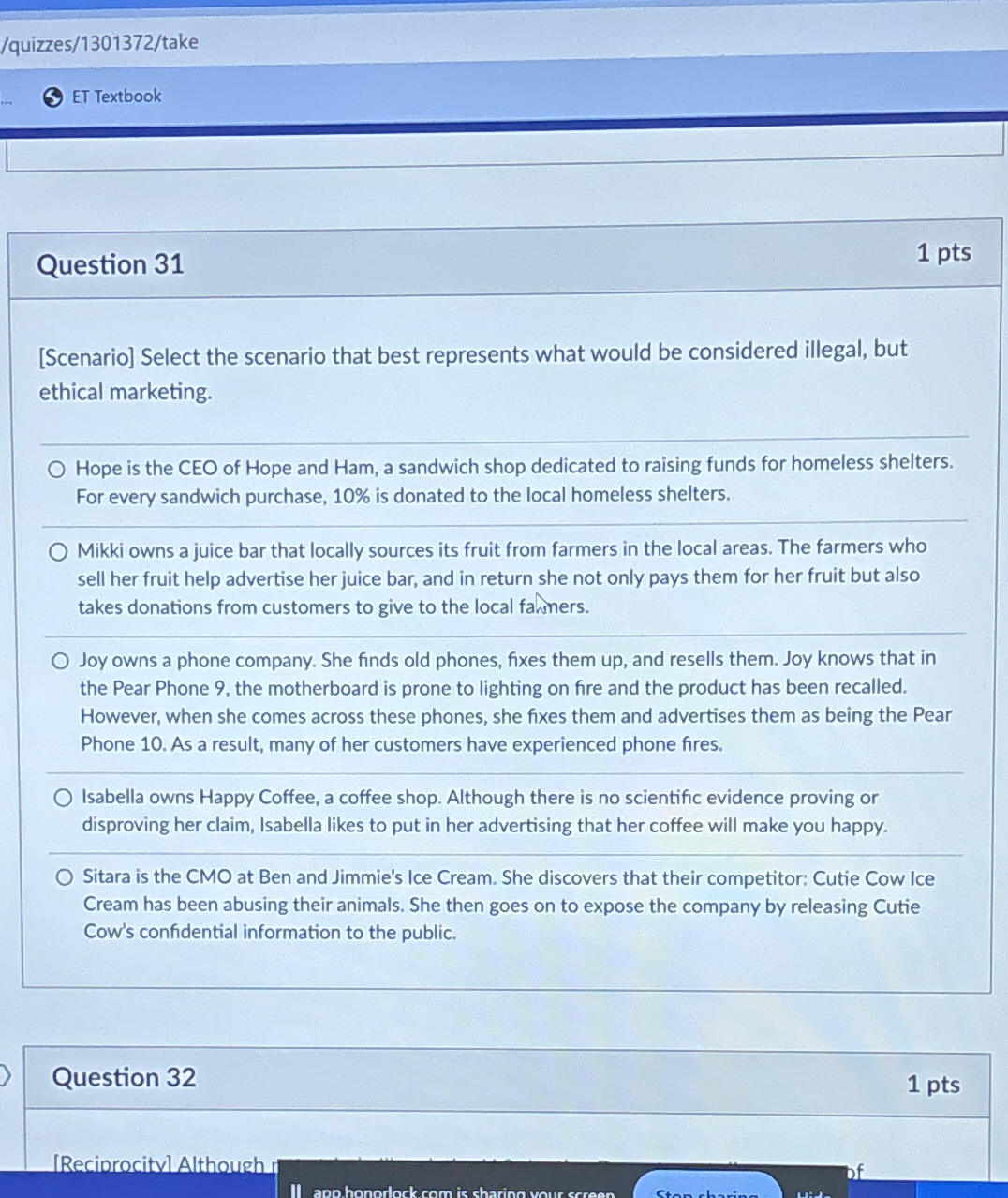  /quizzes/1301372/take ET Textbook Question 31 1 pts [Scenario] Select the scenario