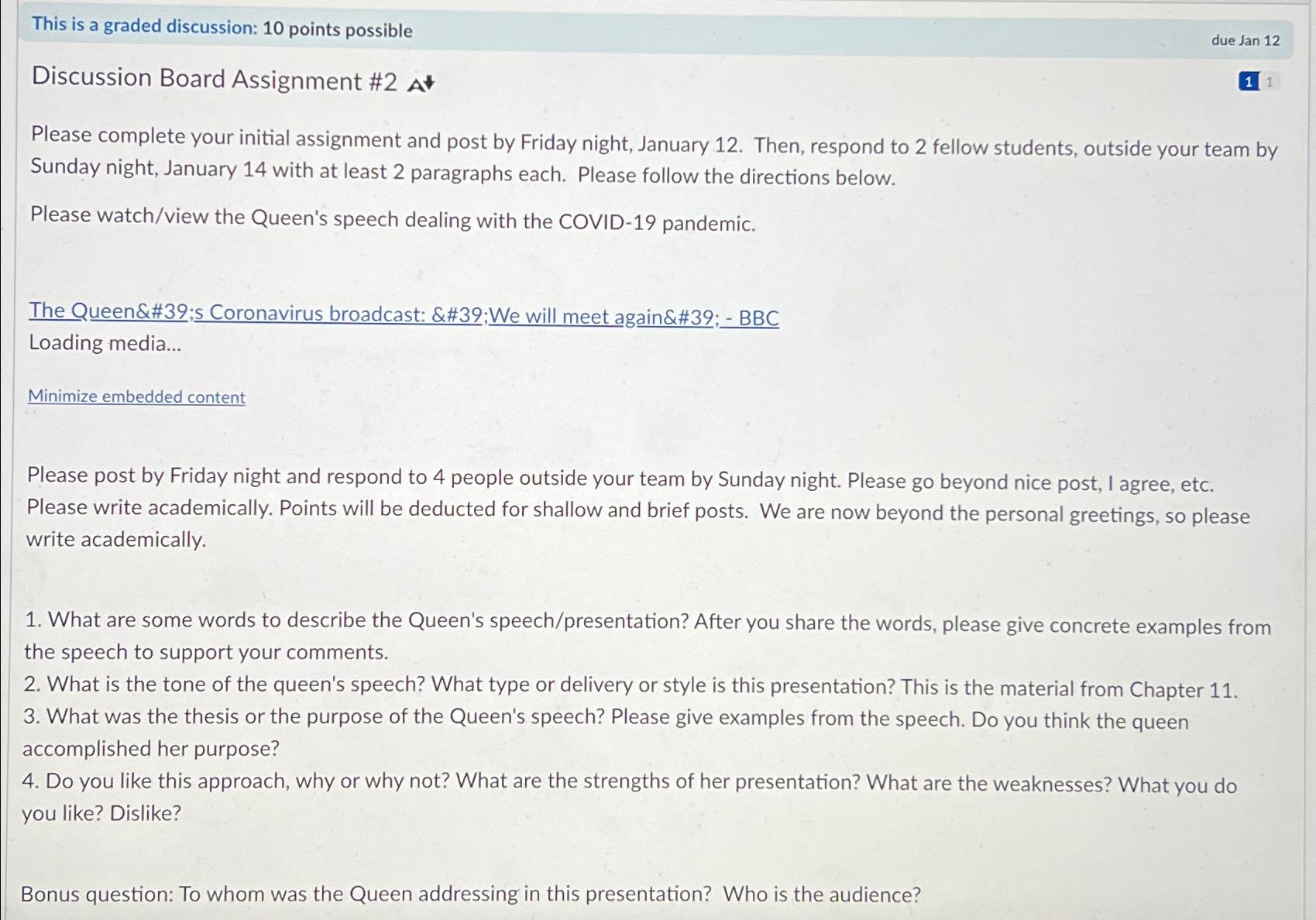  This is a graded discussion: 10 points possible due Jan 12