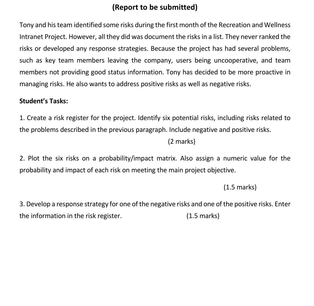  Tony and his team identified some risks during the first month