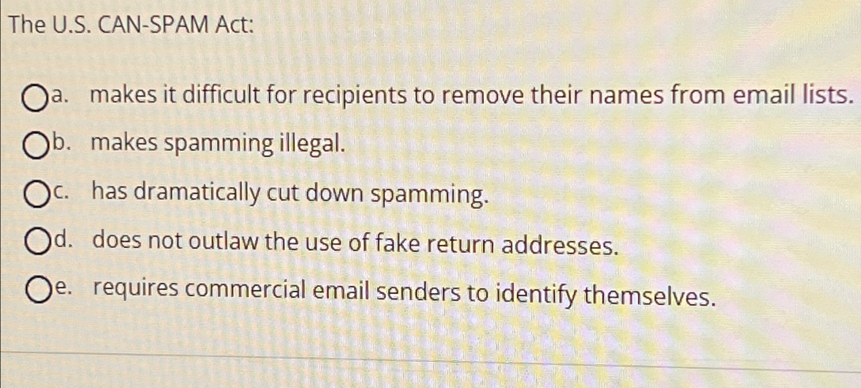 The U.S. CAN-SPAM Act: a. makes it difficult for recipients to