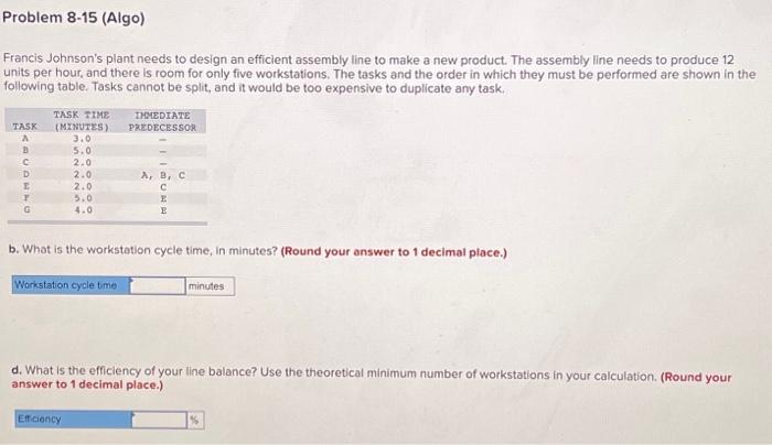  Francis Johnson's plant needs to design an efficient assembly line to