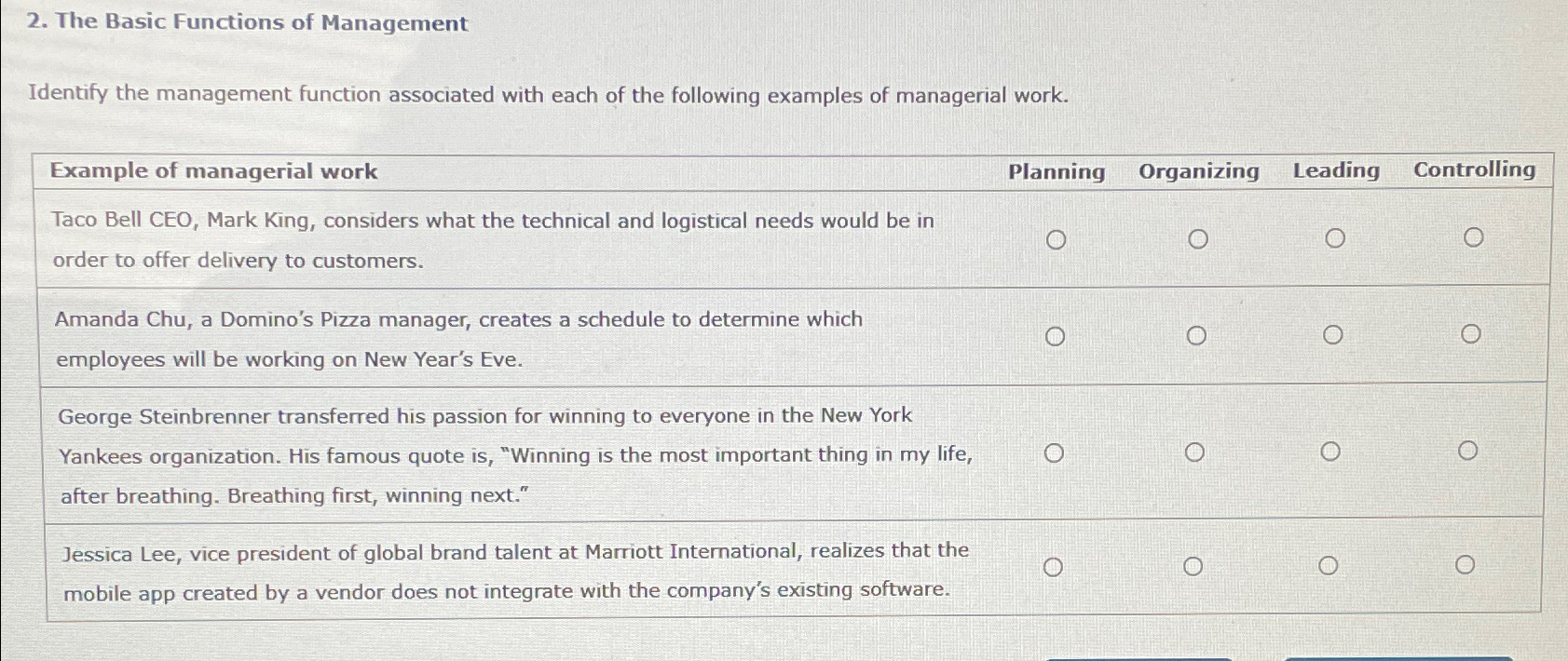  The Basic Functions of Management Identify the management function associated with