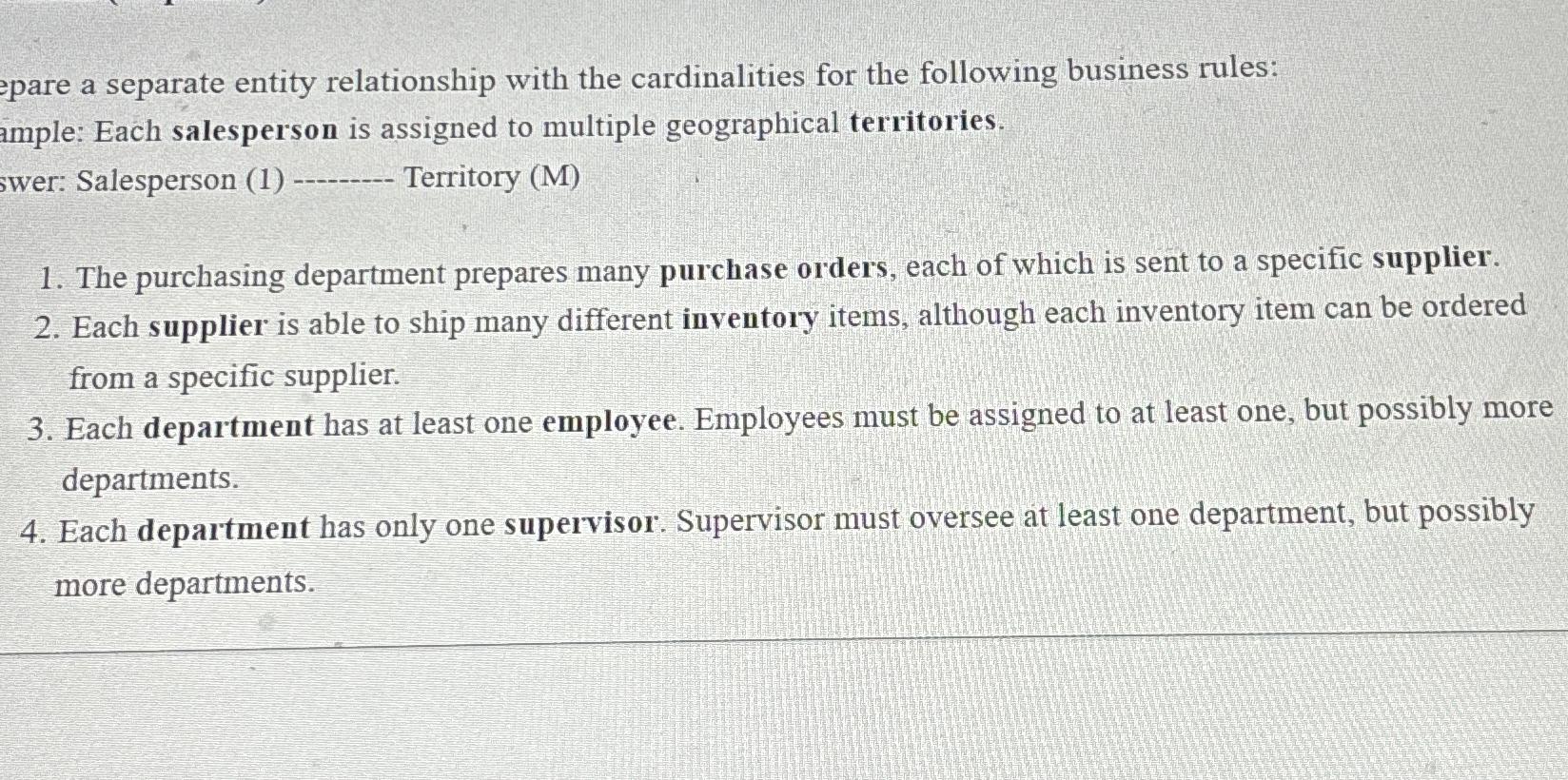  epare a separate entity relationship with the cardinalities for the following