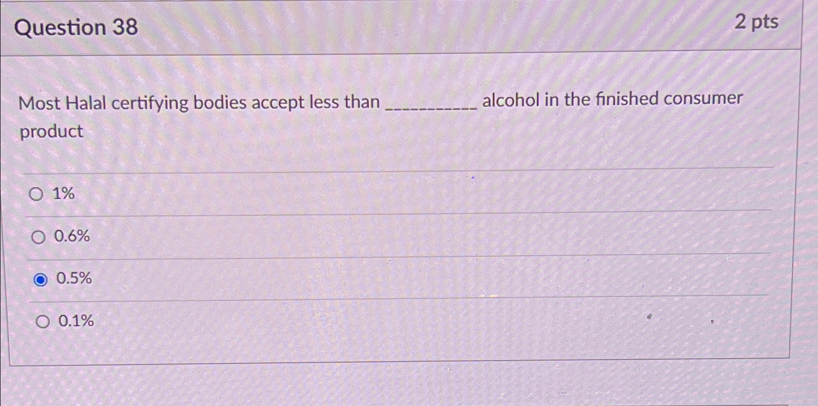  Question 38 2pts Most Halal certifying bodies accept less than alcohol