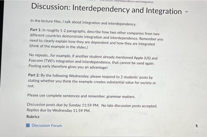 Interdepency & Intergration Iscussion: Interdependency and Integrat In the lecture files, I