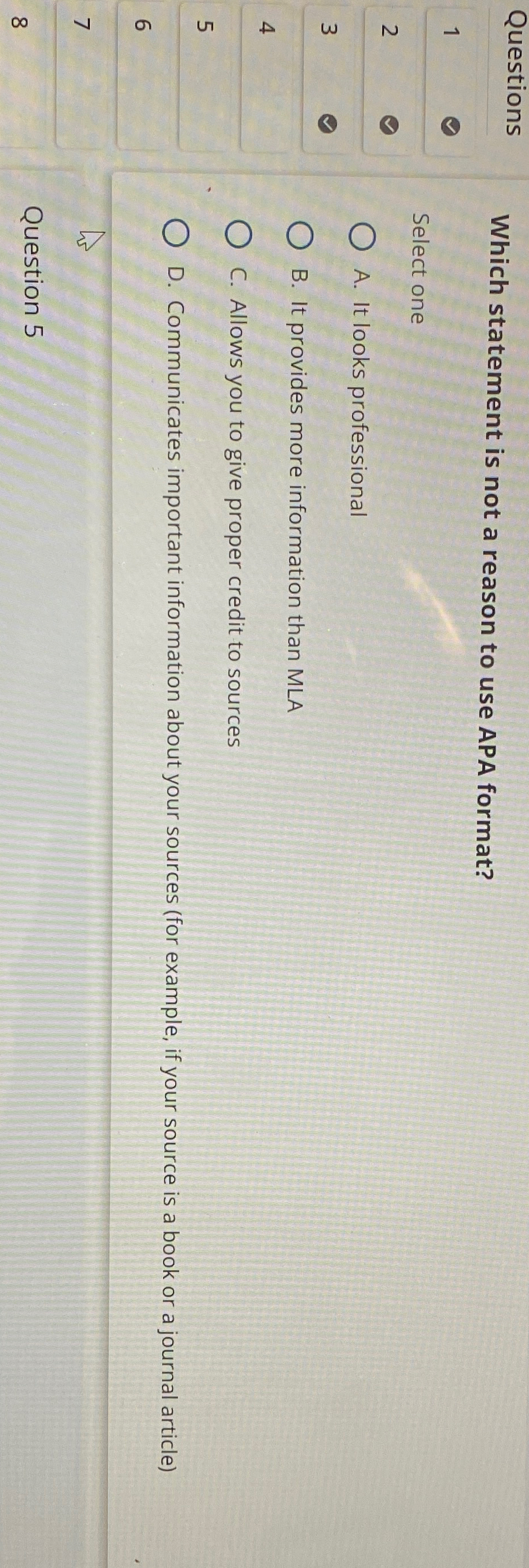  Questions 1 2 3 4 5 6 7 8 Which statement