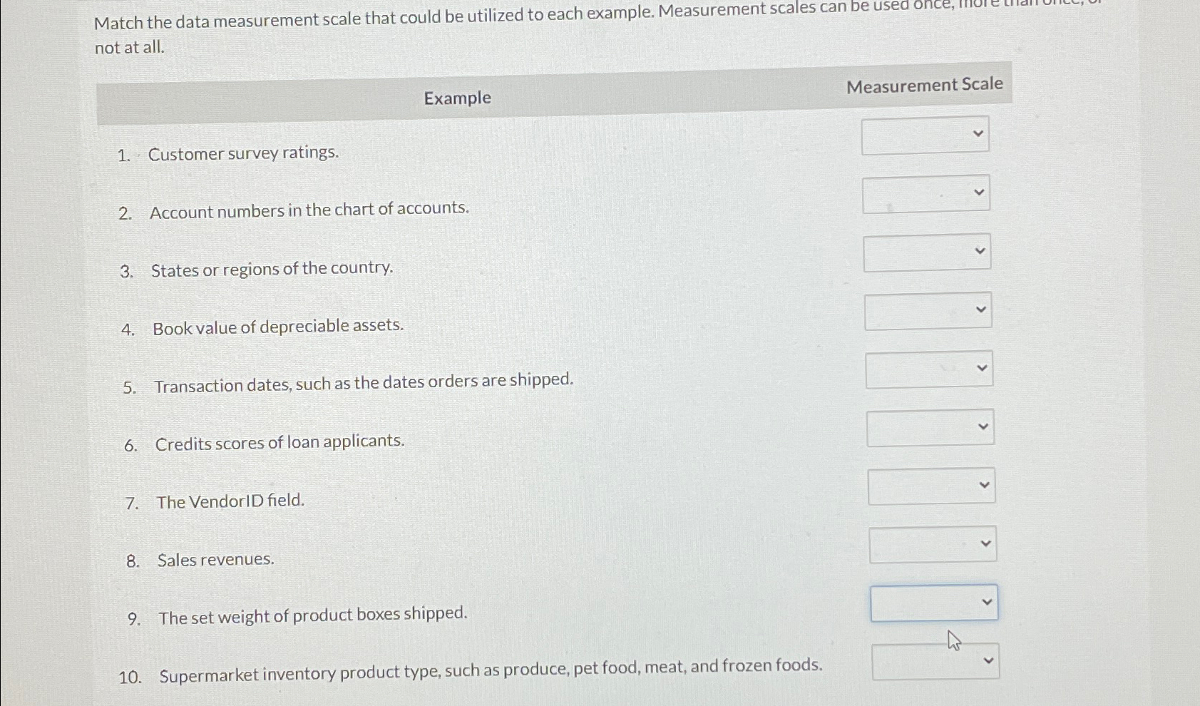  Match the data measurement scale that could be utilized to each