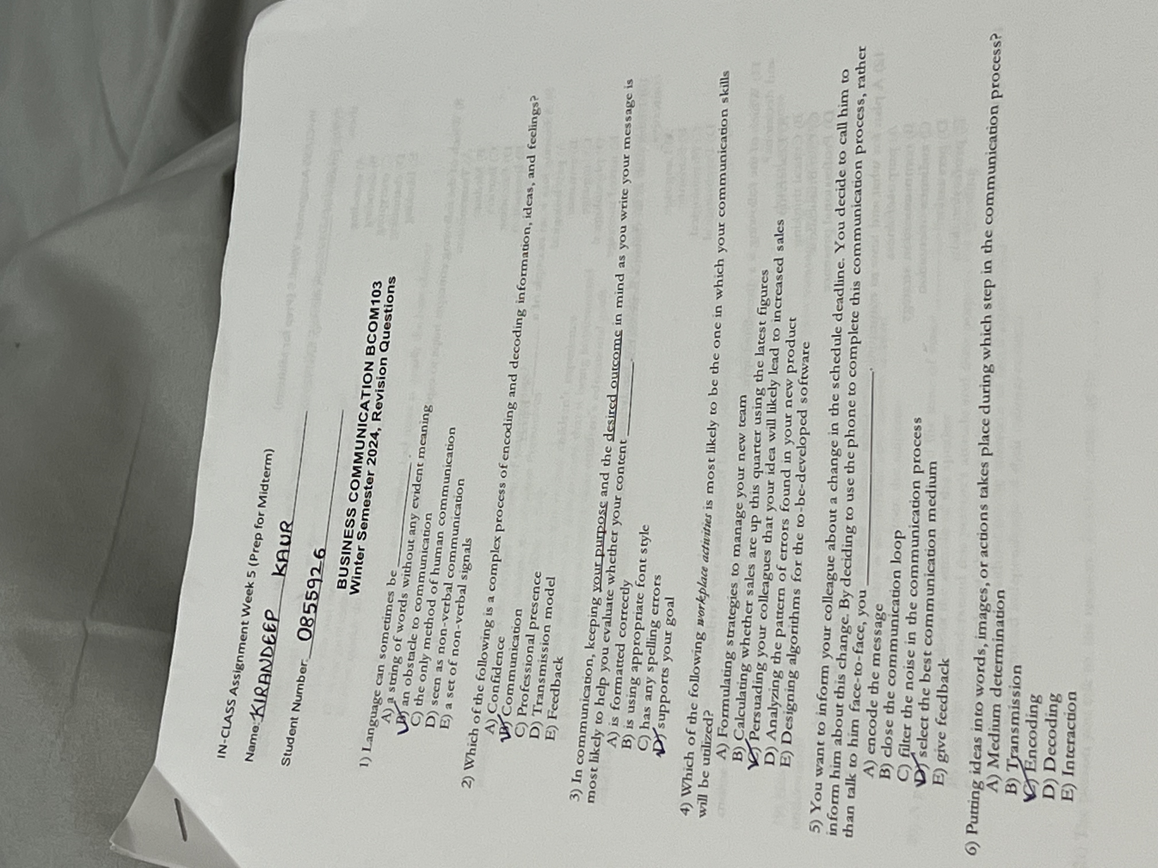  IN-CLASS Assignment Week 5(Prep for Midterm) Namo.KIRANDEEP KAUR Student Number: 0855926