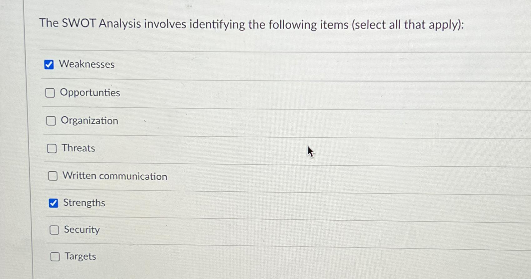  The SWOT Analysis involves identifying the following items (select all that