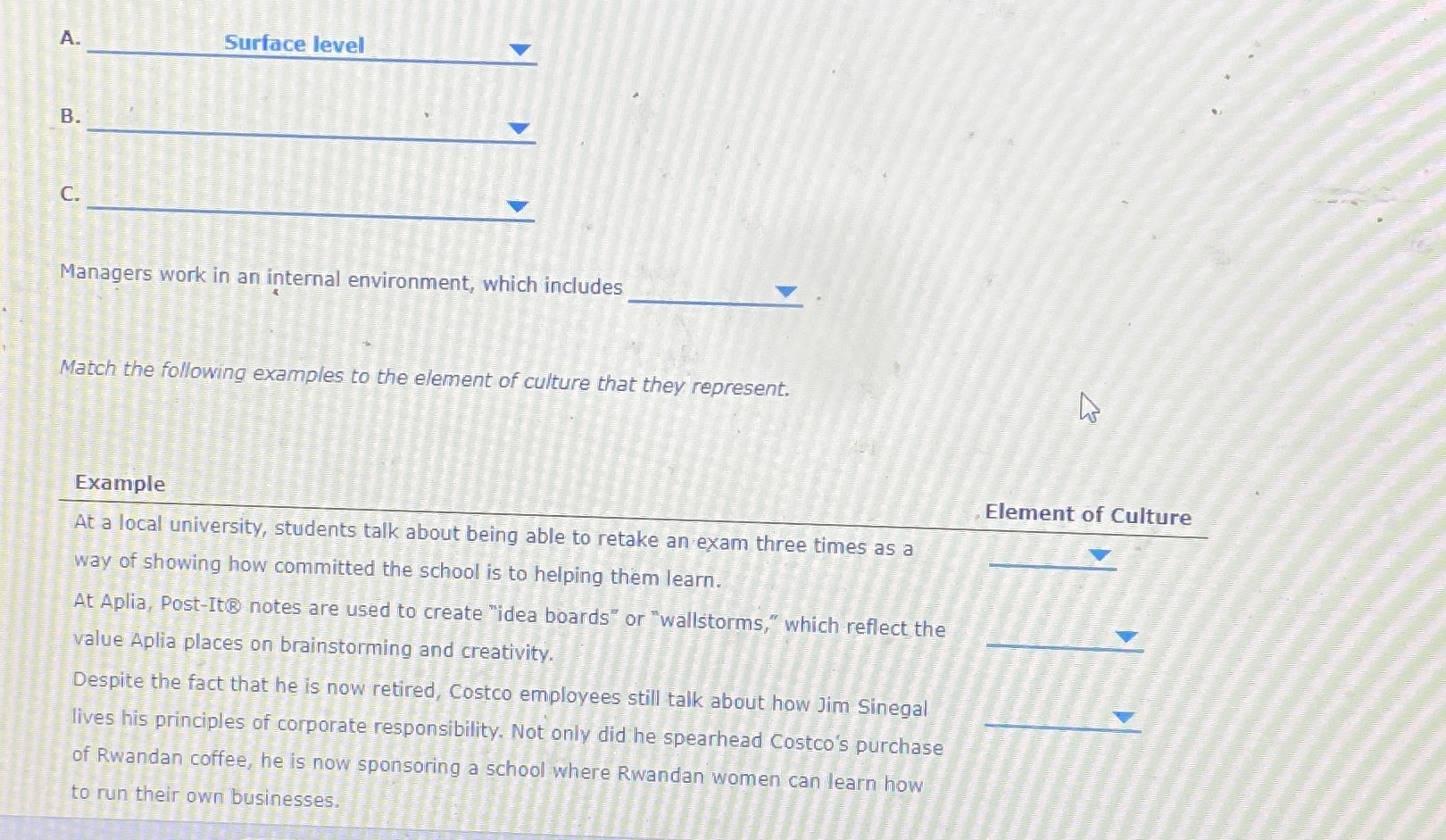  A. Surface level C. Managers work in an internal environment, which