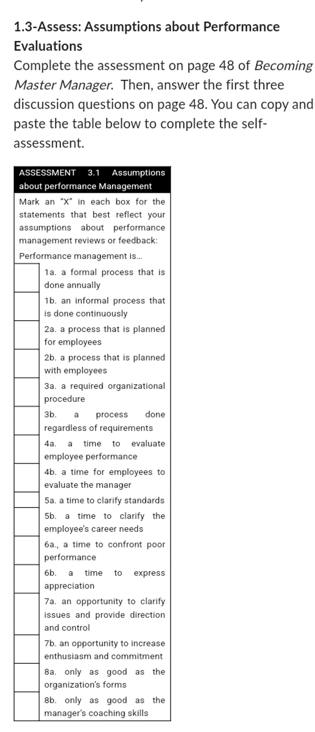  1.3-Assess: Assumptions about Performance Evaluations Complete the assessment on page 48