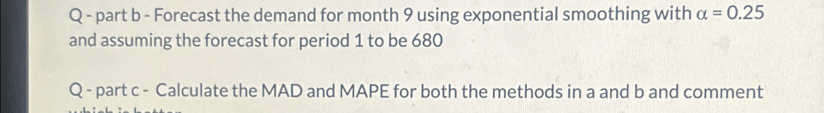  Forecast the demand for month 9 using exponential smoothing with =0.25