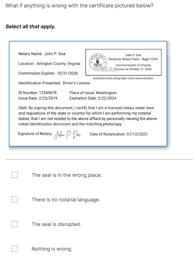  What if anything is wrong with the certificate pictured below? Select