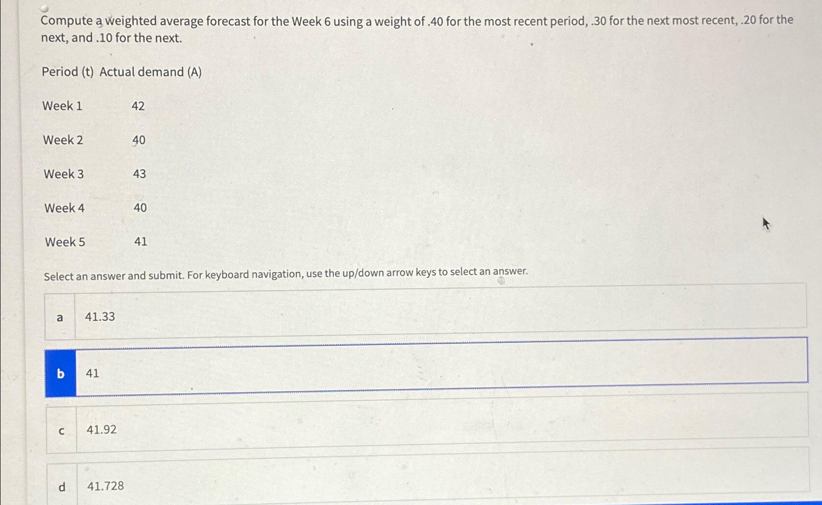  Compute a weighted average forecast for the Week 6 using a