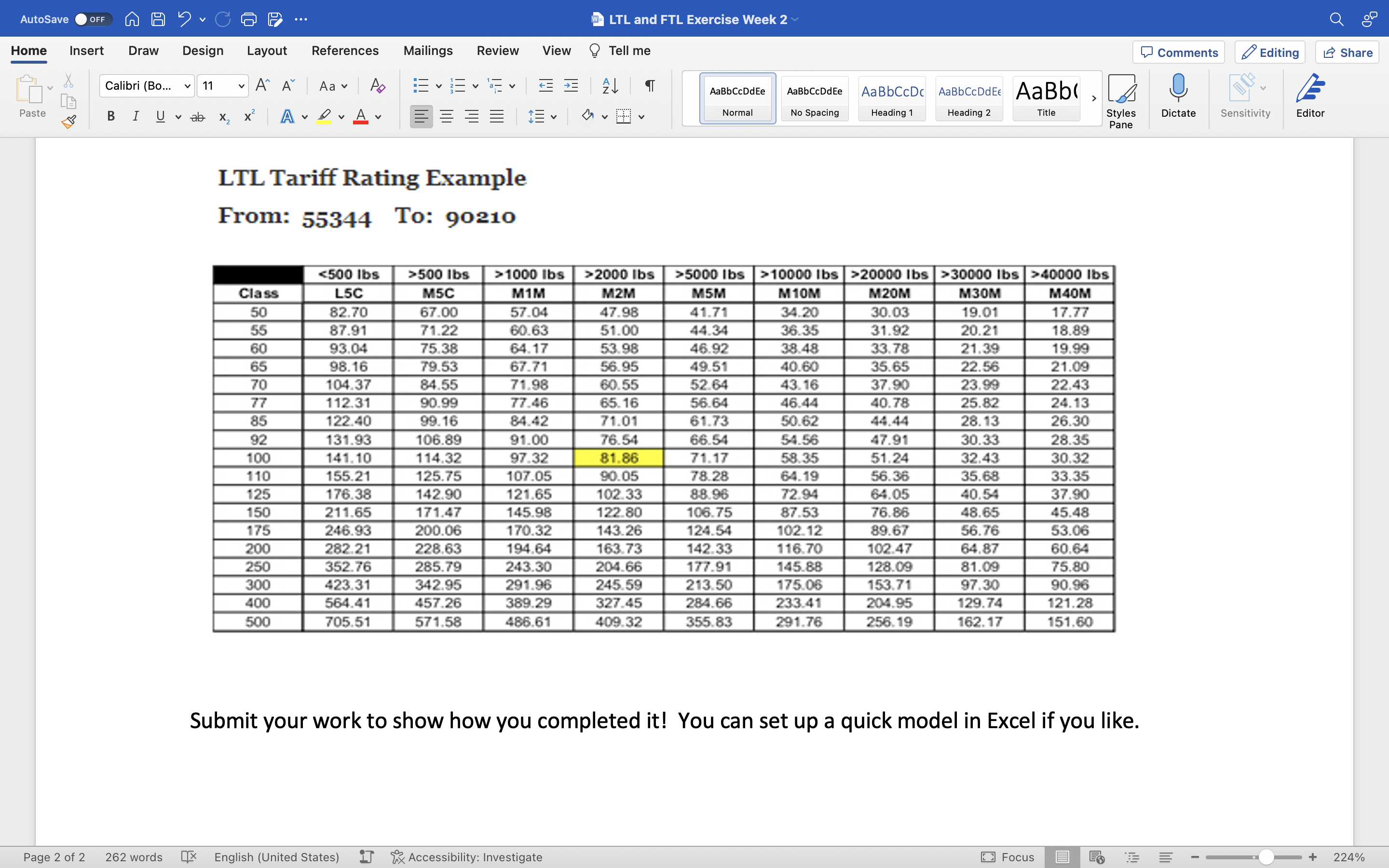 Using the freight class that you determined above, figure out what the