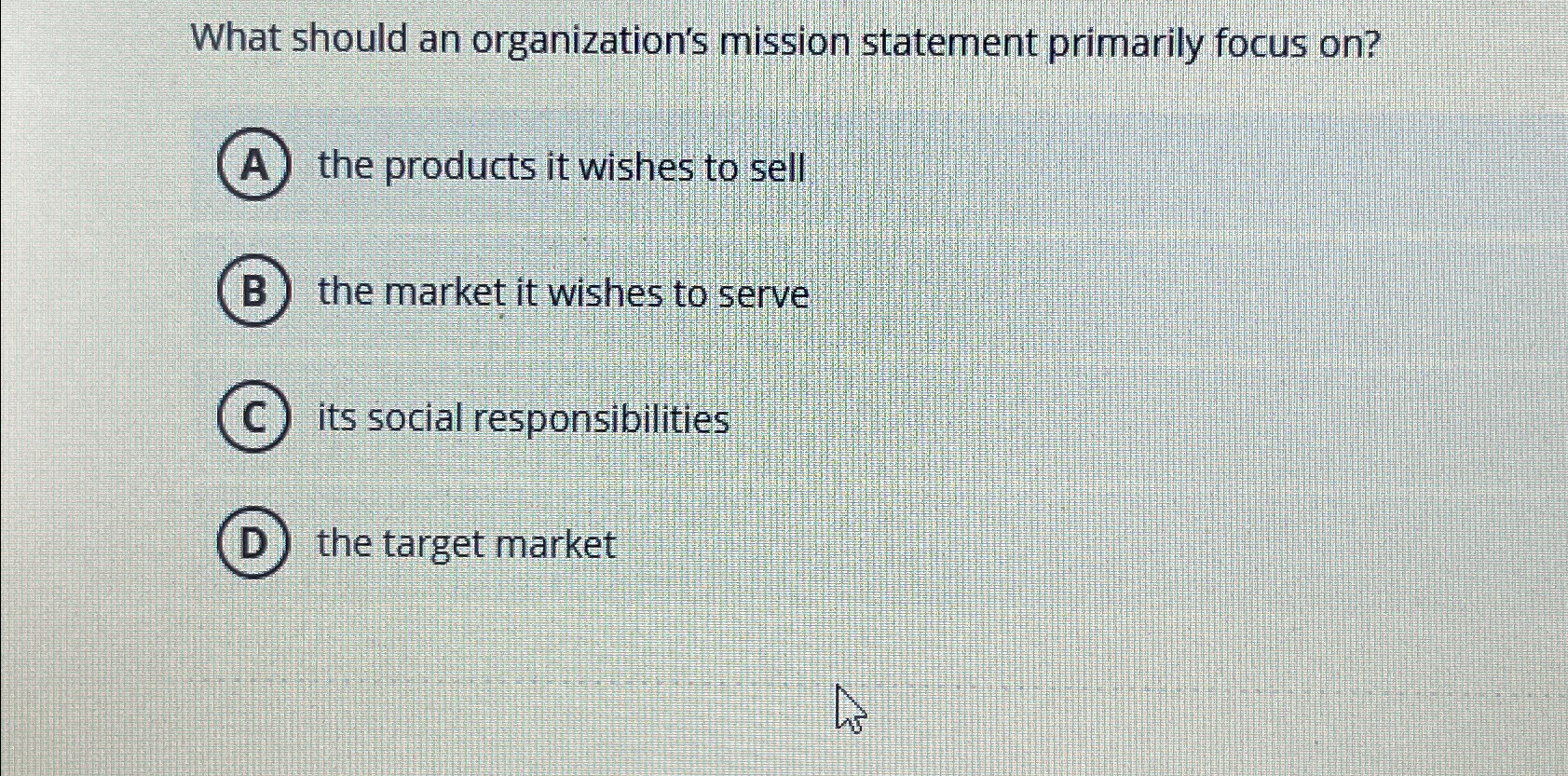  What should an organization's mission statement primarily focus on? A the