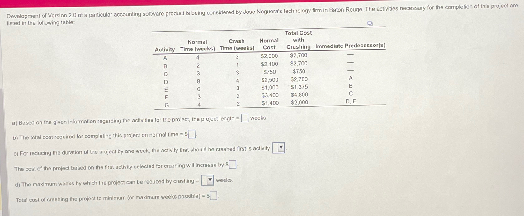  listed in the following table: \table[[,\table[[Normal],[Time (weeks)]],\table[[Crash],[Time (weeks)]],\table[[Normal],[Cost]],\table[[Toth Cost],[with],[Crashing]],Immediate Predecessor(s)],[A,4,3,$2,000,$2,700,-],[B,2,1,$2,100,$2,700,-],[C,3,3,$750,$750,-],[D,8,4,$2,500,$2,780,A],[E,6,3,$1,000,$1,375,B],[F,3,2,$3,400,$4,800,C],[G,4,2,$1,400,$2,000,D, E]]