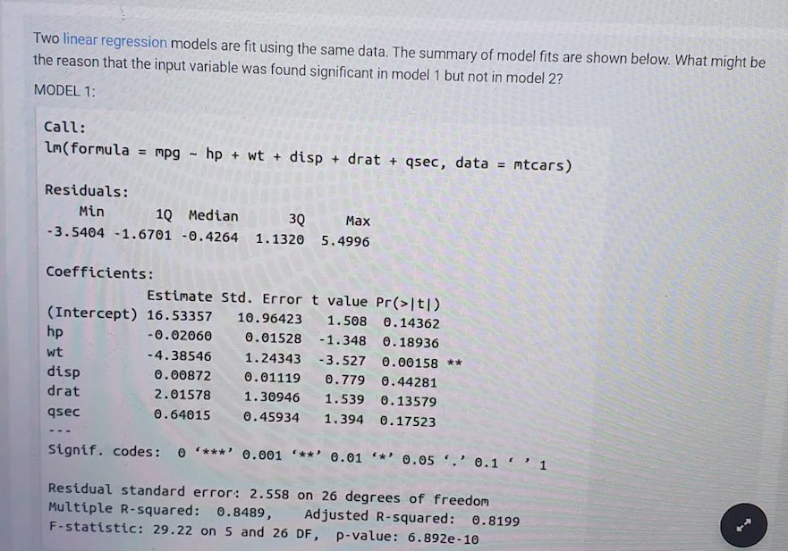 Business Analytics Two linear regression models are fit using the same data.