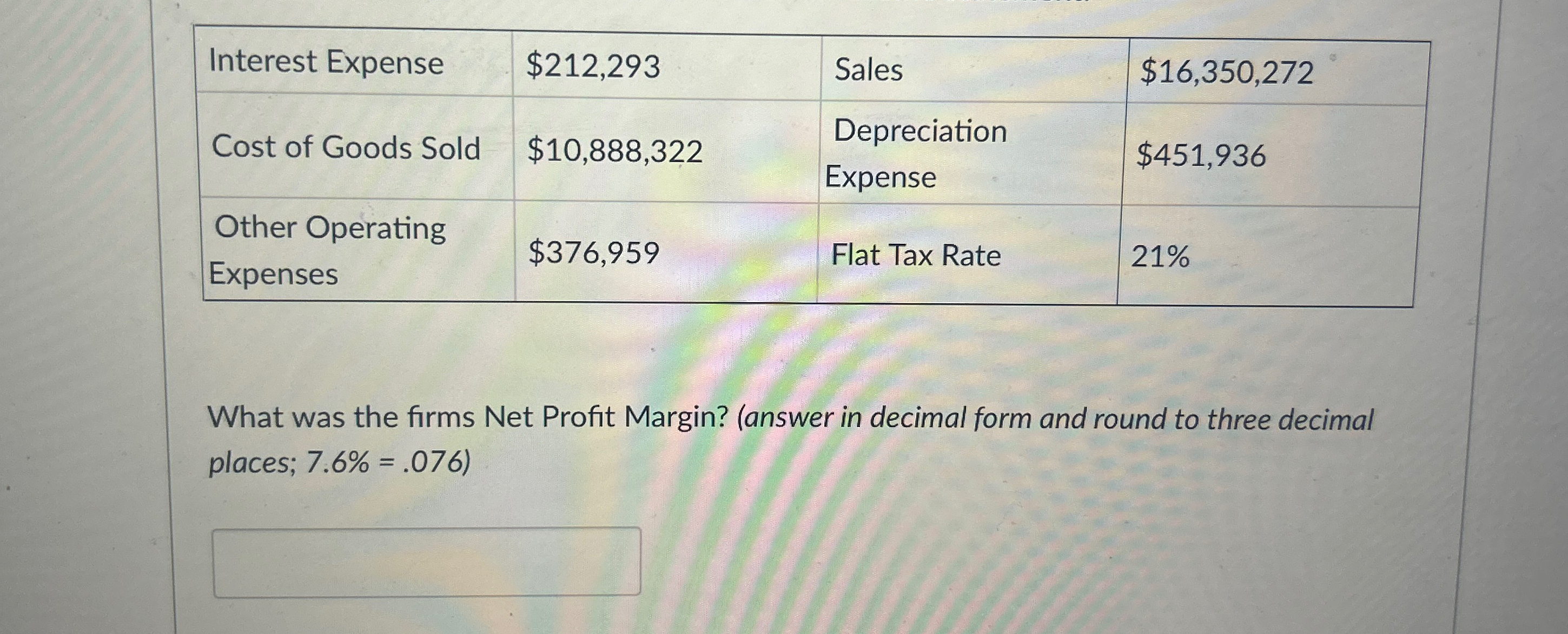  \table[[Interest Expense,$212,293,Sales,$16,350,272 