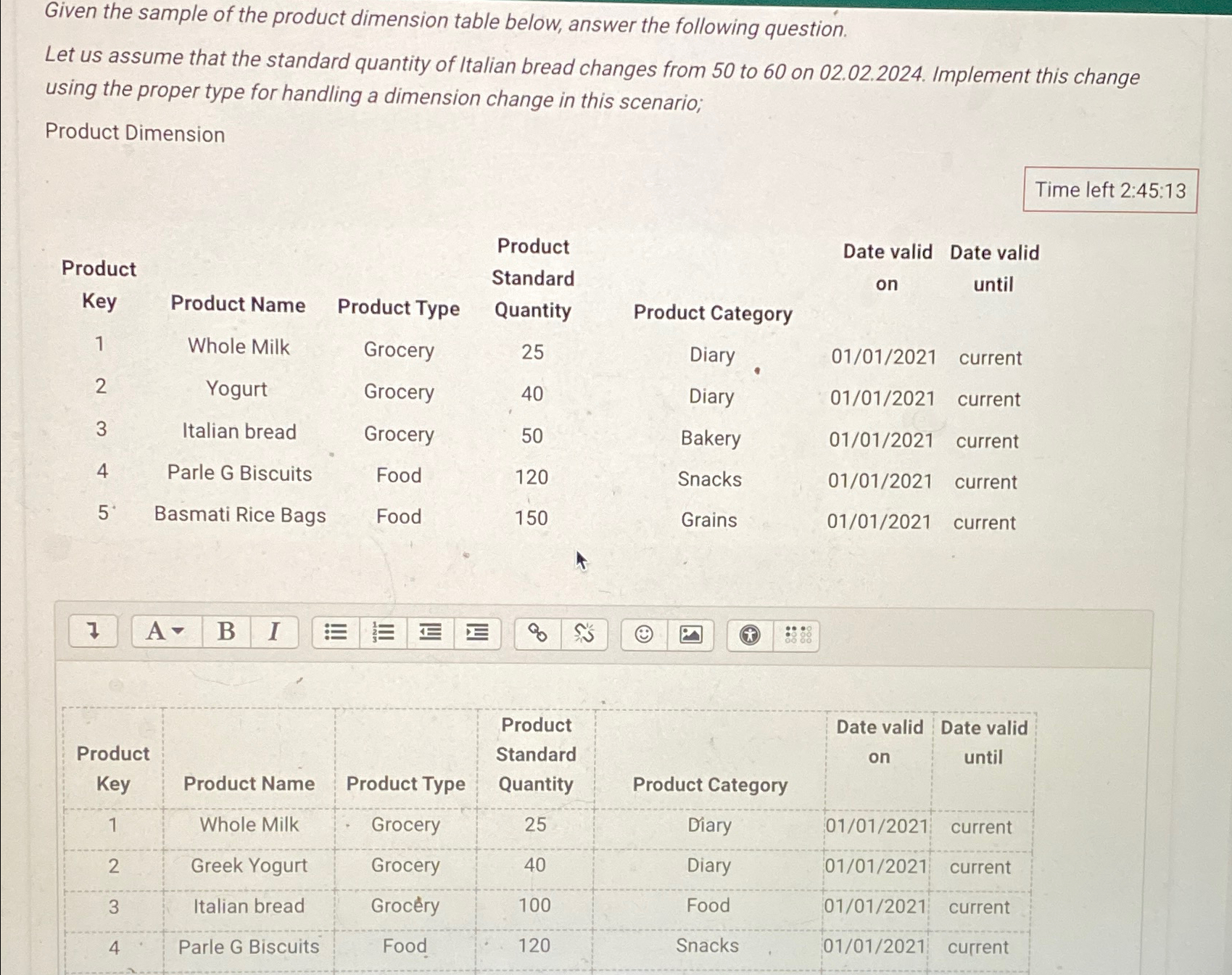  Given the sample of the product dimension table below, answer the