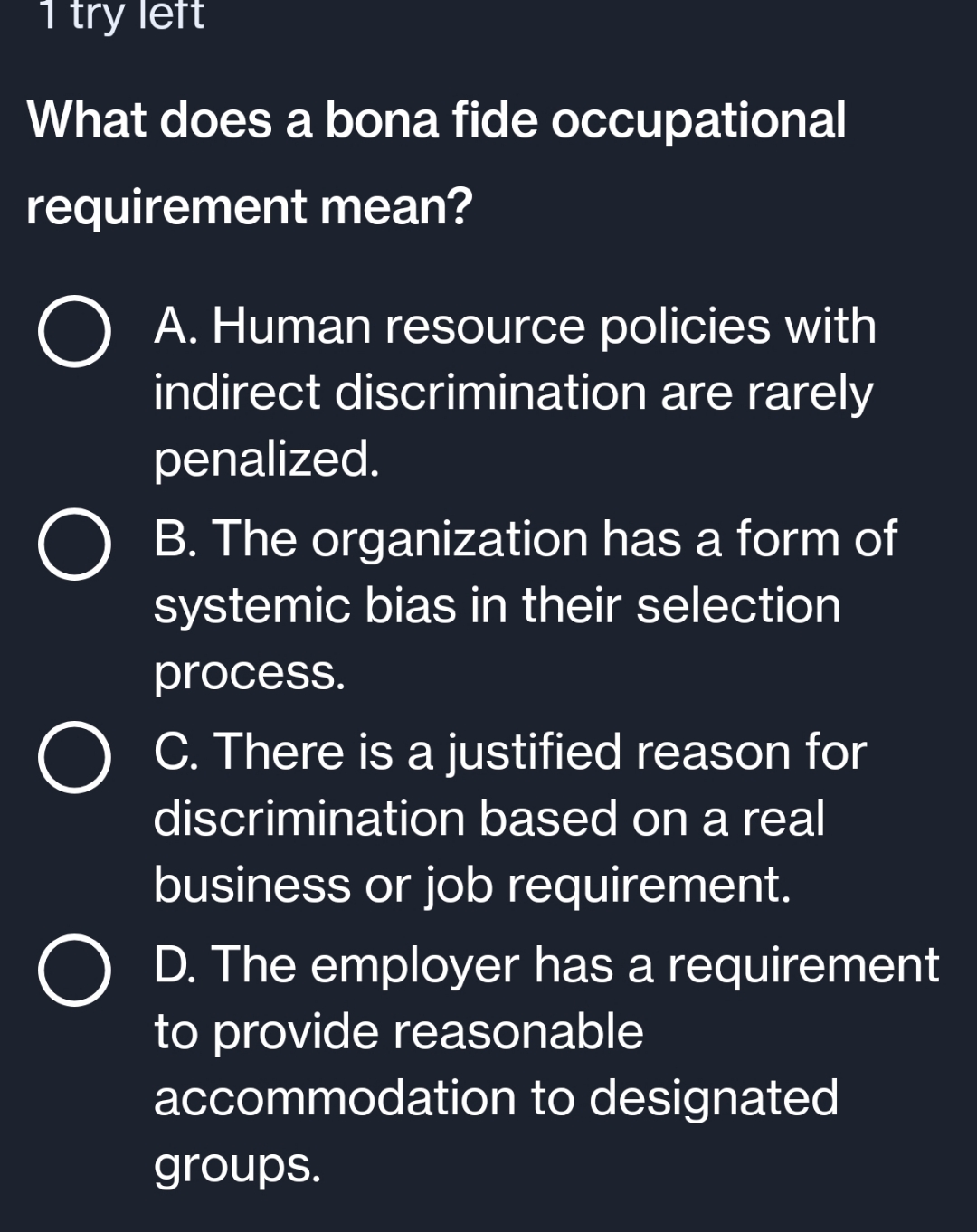  1 try left What does a bona fide occupational requirement mean?