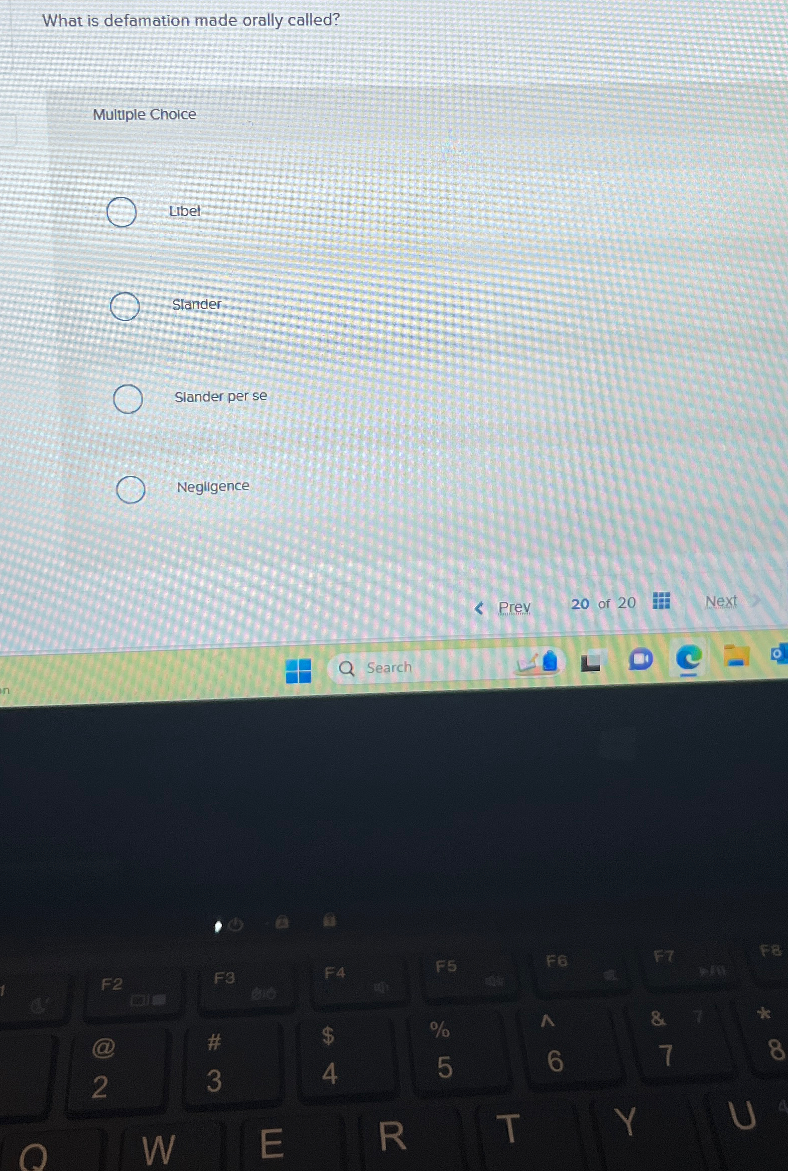  What is defamation made orally called? Multiple Choice Libel Slander Slander