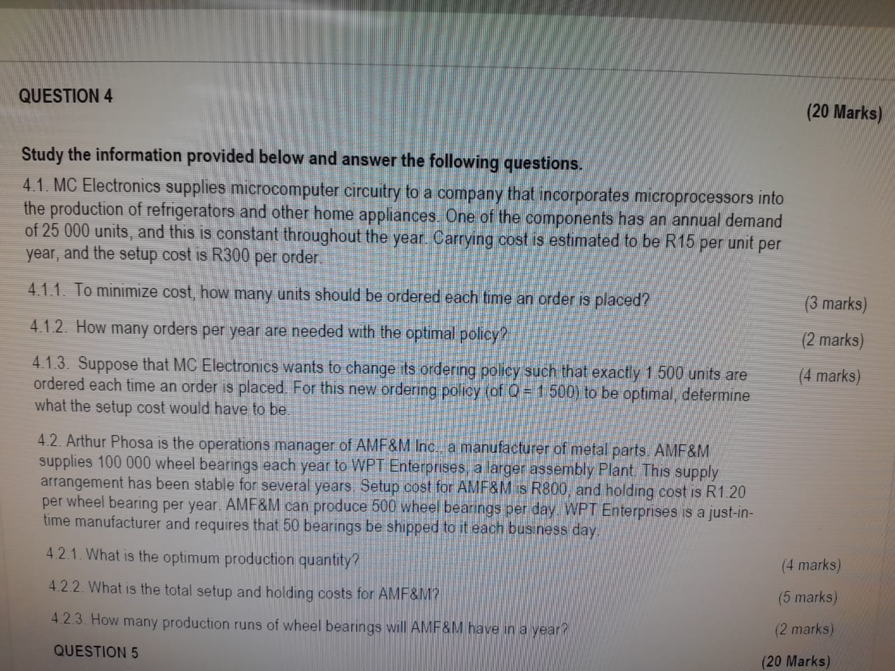  QUESTION 4 (20 Marks) Study the information provided below and answer