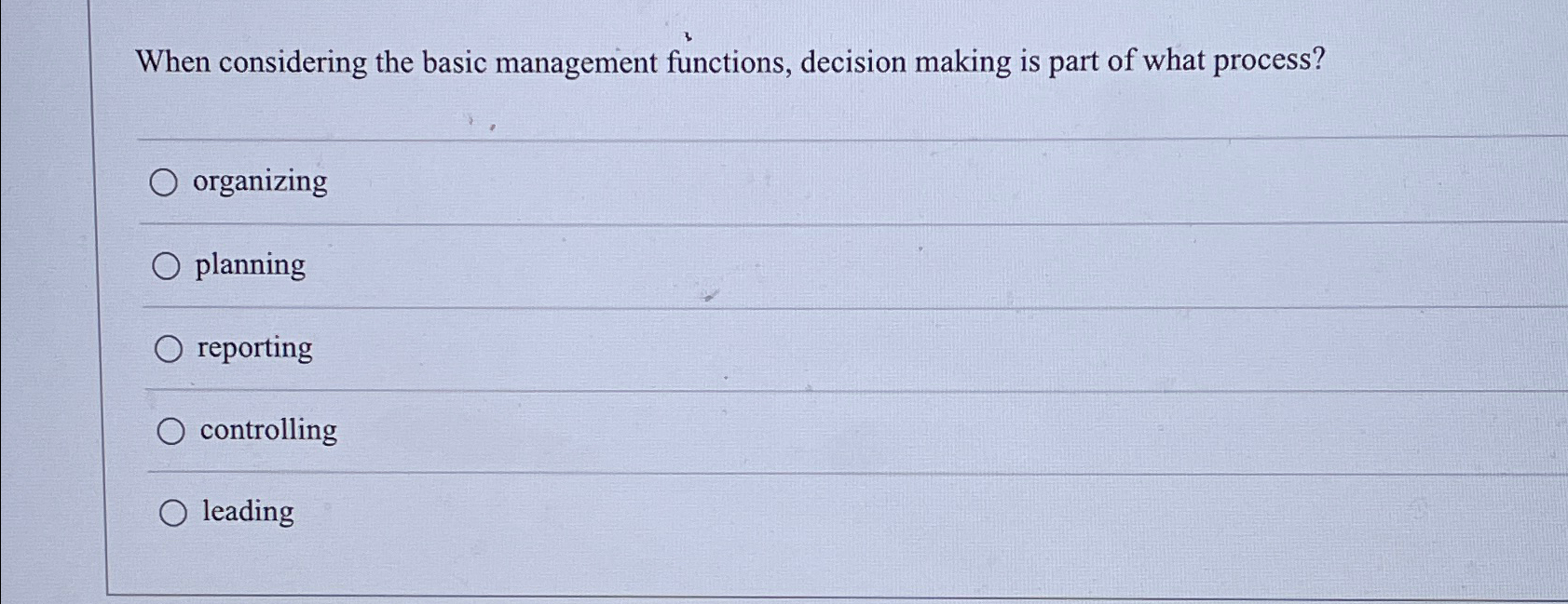  When considering the basic management functions, decision making is part of