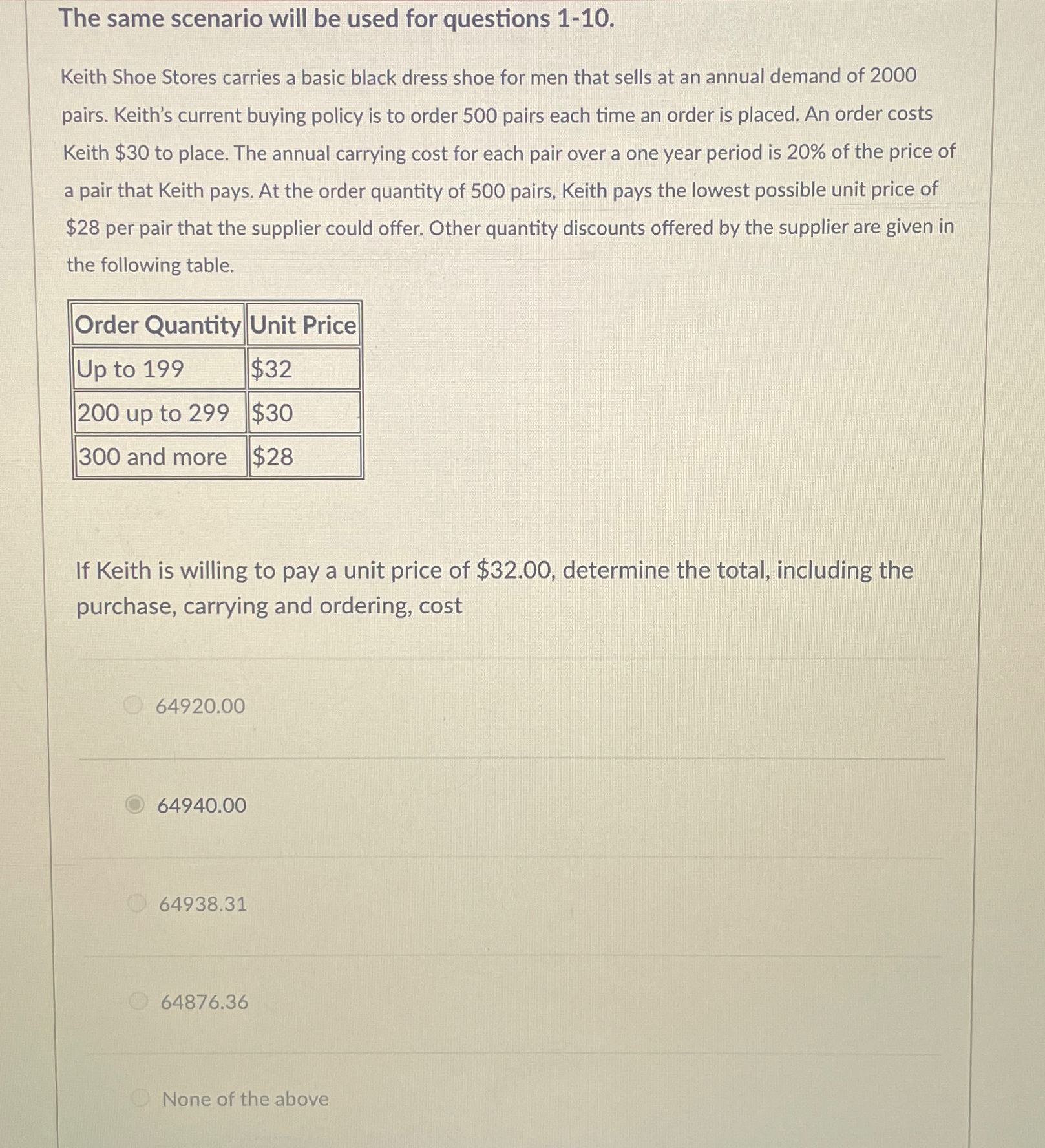  The same scenario will be used for questions 1-10. Keith Shoe