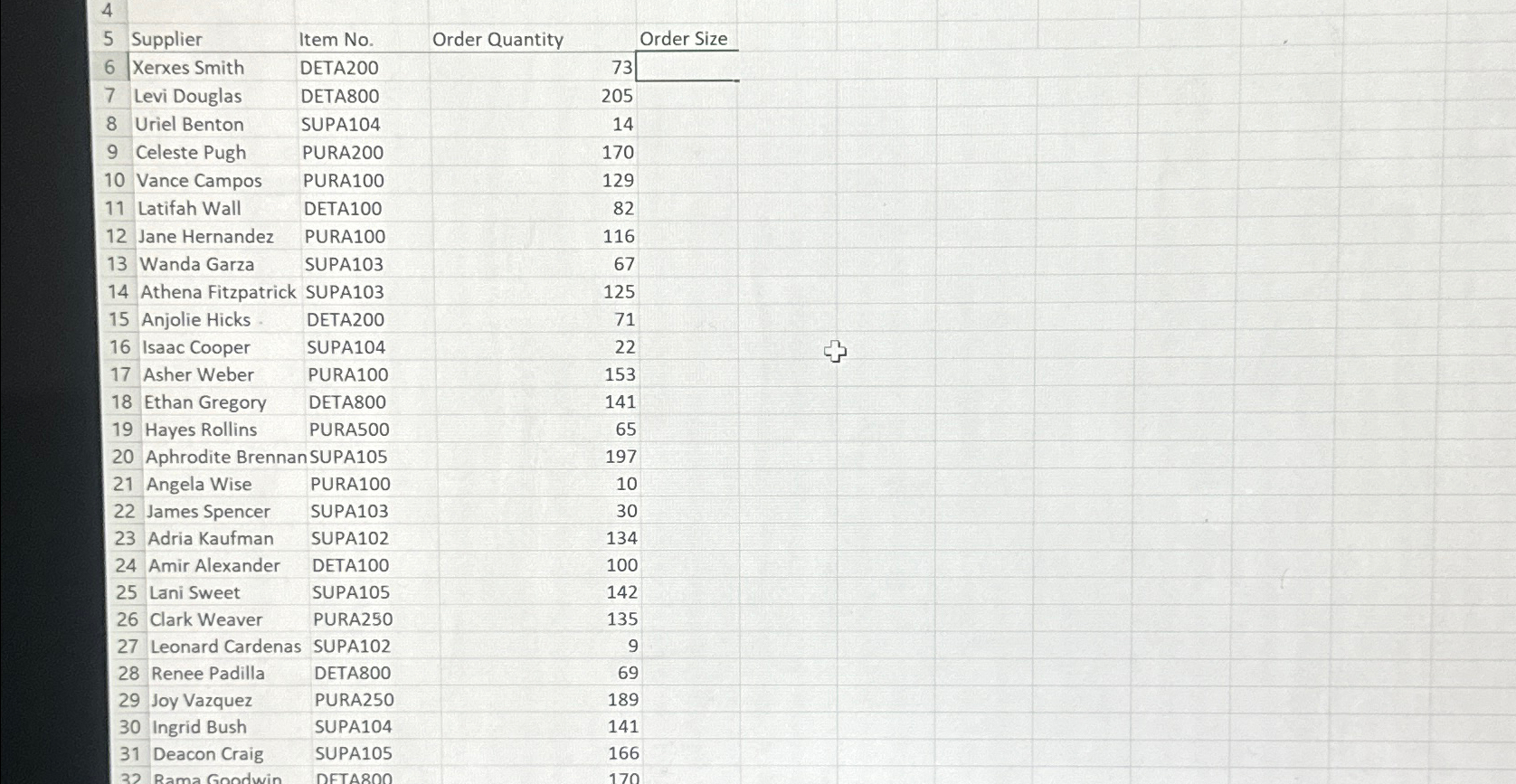 \table[[4],[5,Supplier,Item No.,Order Quantity,Order Size],[6,Xerxes Smith,DETA200,73[,],[7,Levi Douglas,DETA800,205,],[8,Uriel Benton,SUPA104,14,],[9,Celeste Pugh,PURA200,170,],[10,Vance Campos,PURA100,129,],[11,Latifah Wall,DETA100,82,],[12,Jane Hernandez,PURA100,116,],[13,Wanda