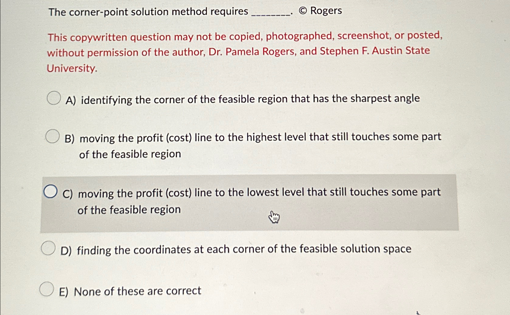  The corner-point solution method requires Rogers This copywritten question may not
