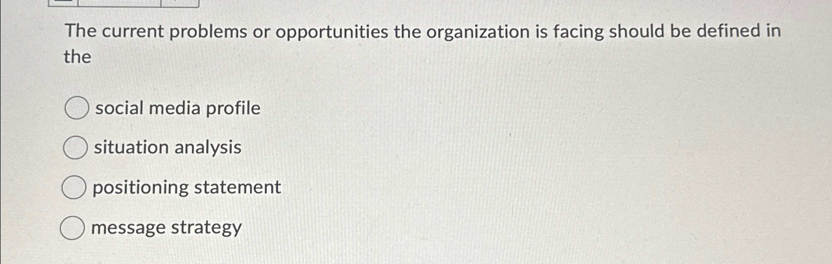  The current problems or opportunities the organization is facing should be