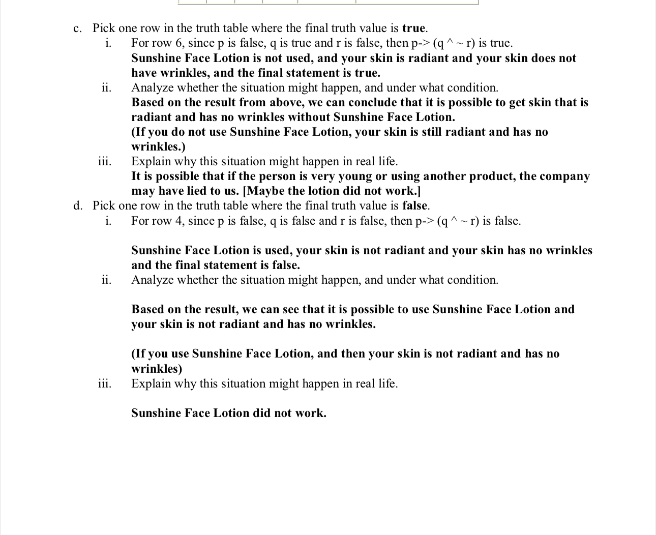  c. Pick one row in the truth table where the final