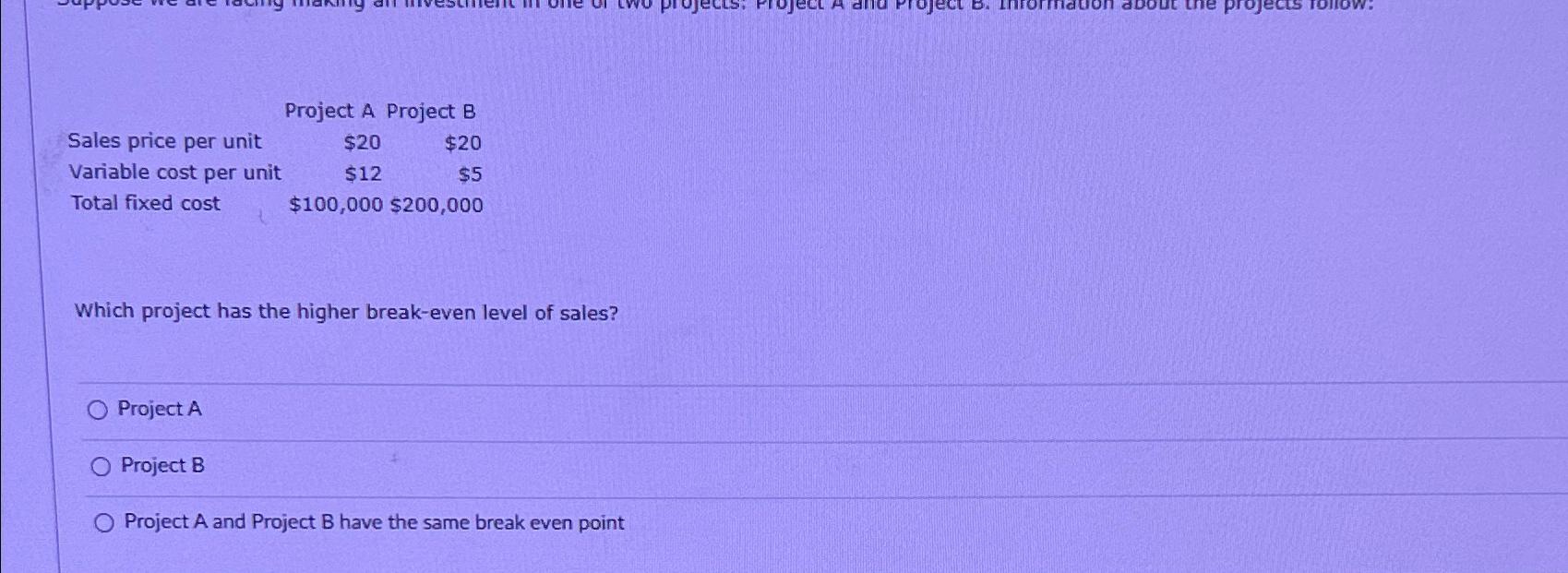  \table[[,Project A Project B,],[Sales price per unit,$20,$20 