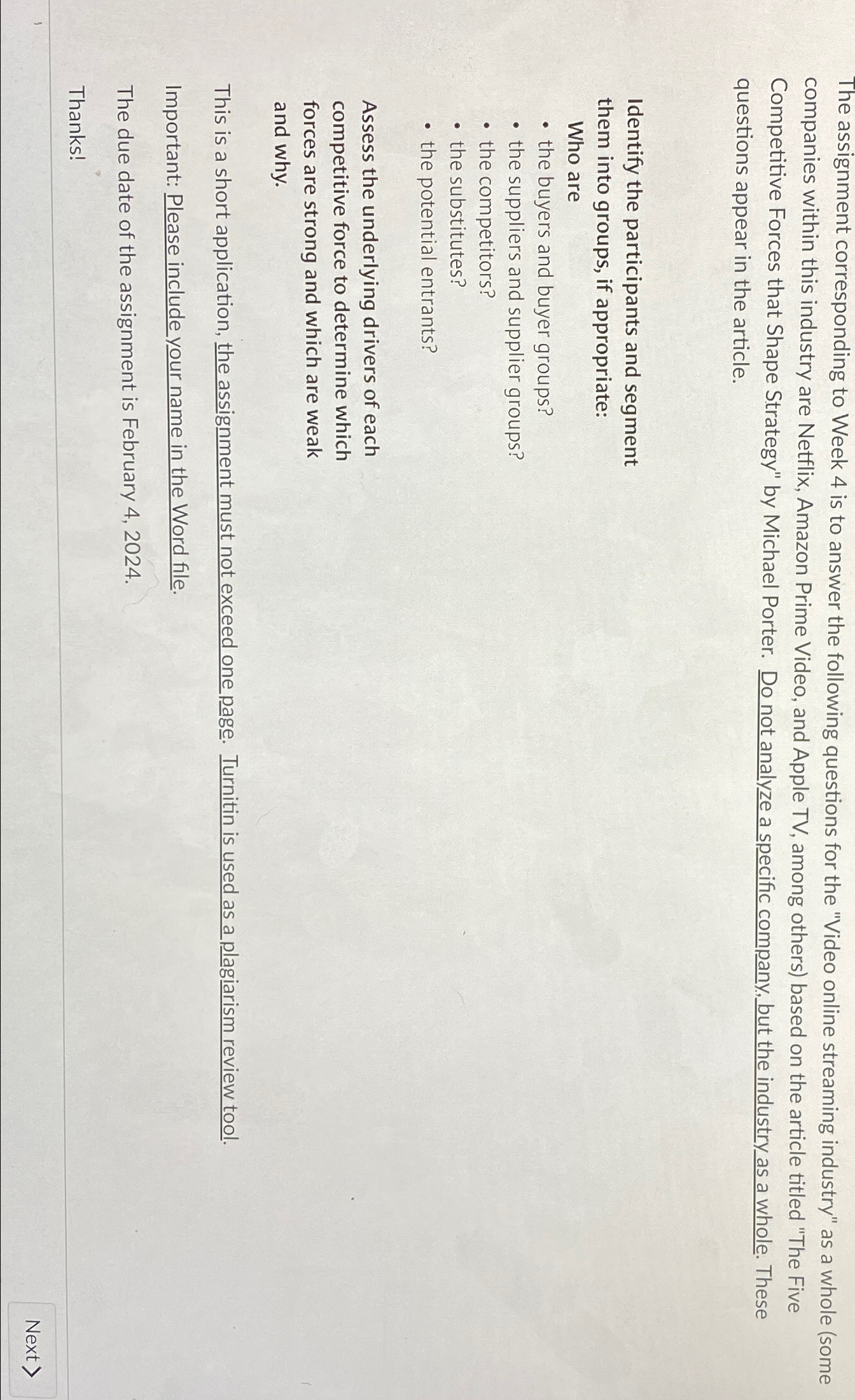  The assignment corresponding to Week 4 is to answer the following