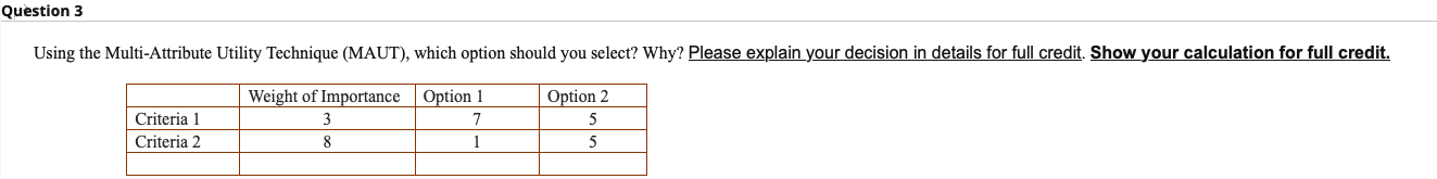 Using the Multi-Attribute Utility Technique (MAUT), which option should you select?