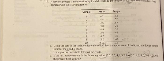  10. A services process is monitored using and R charts. Eight