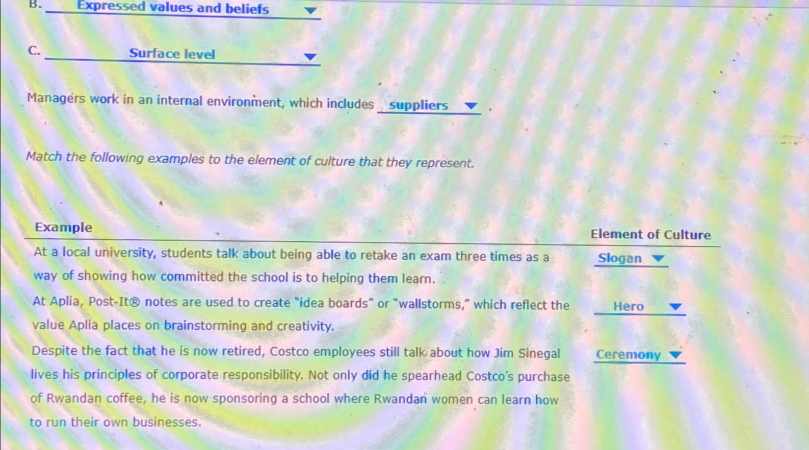  B. Expressed values and beliefs C. Surface level Managrs work in