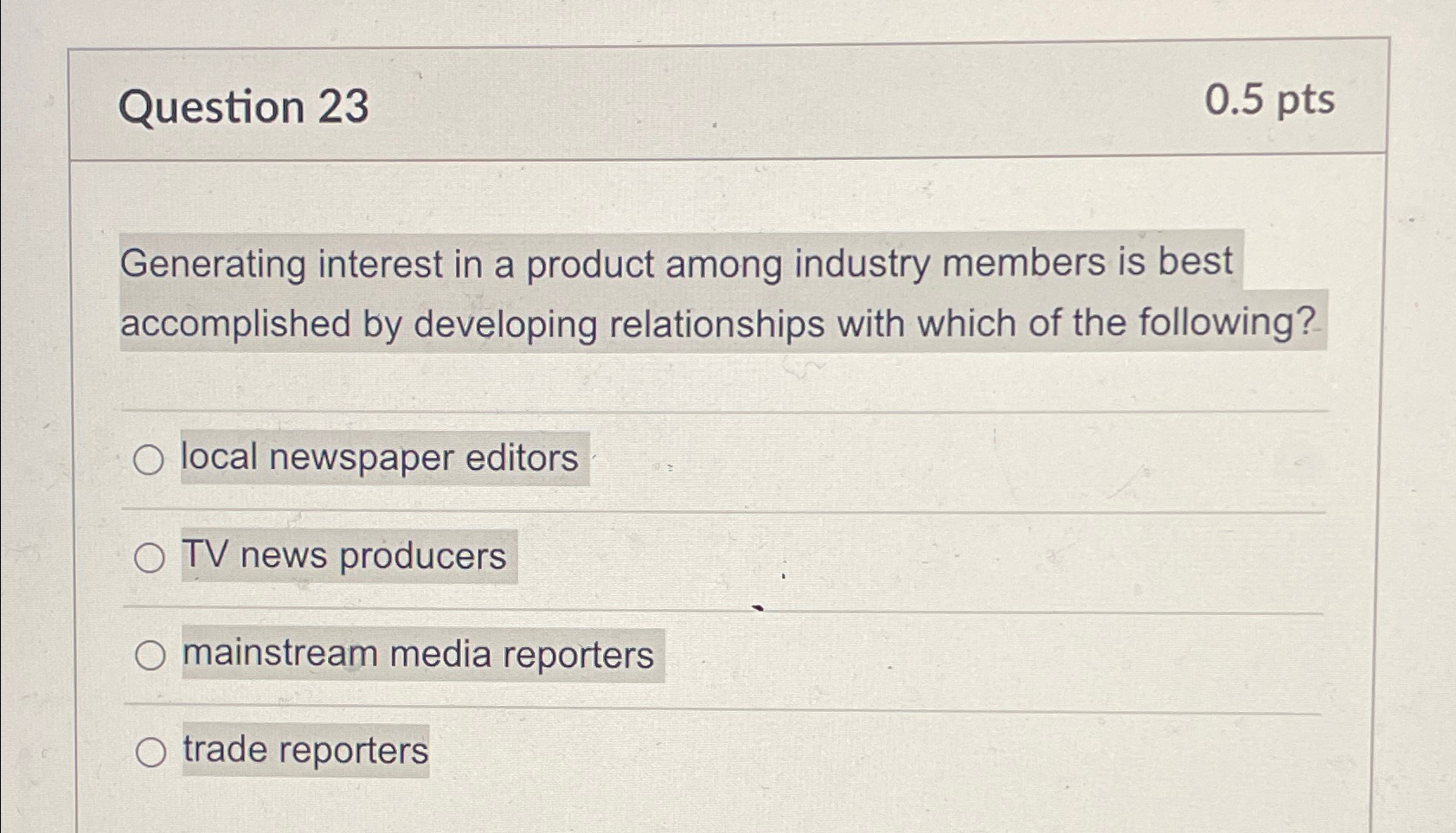  Question 23 0.5pts Generating interest in a product among industry members