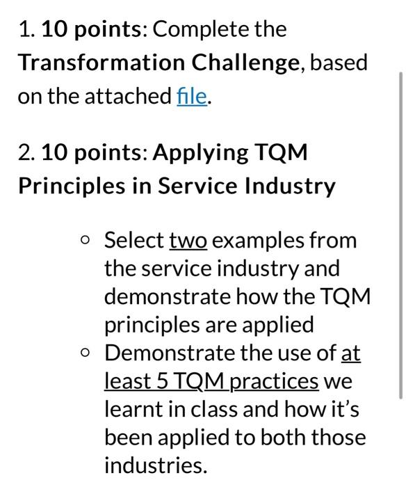  1. 10 points: Complete the Transformation Challenge, based on the attached