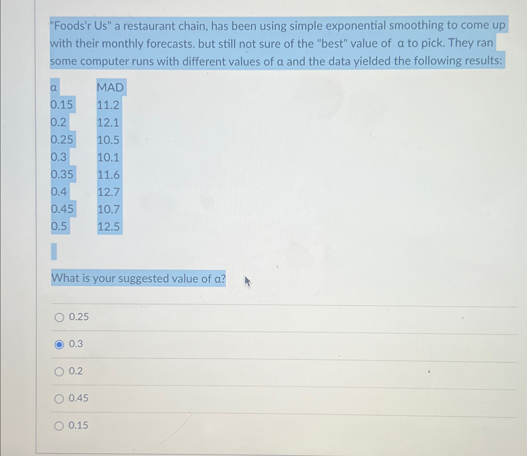  "Foods'r Us" a restaurant chain, has been using simple exponential smoothing